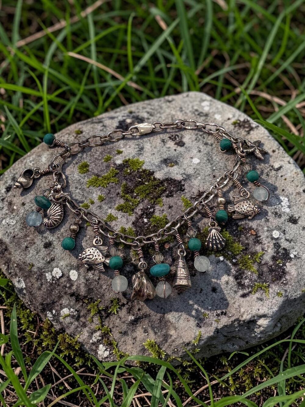 Vintage Sterling Silver Turquoise Quartz Sea Life Charm Bracelet Starfish Motifs - Picture 3 of 4
